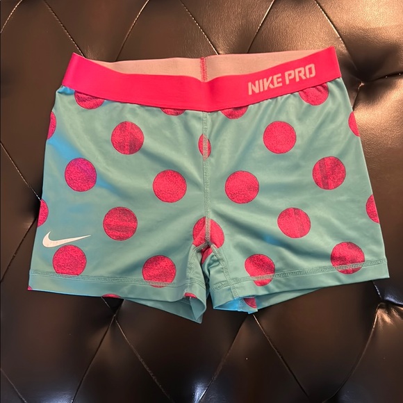 Nike Pro Teal and Pink Polka Dot Dri-Fit Shorts sz M - Picture 1 of 6